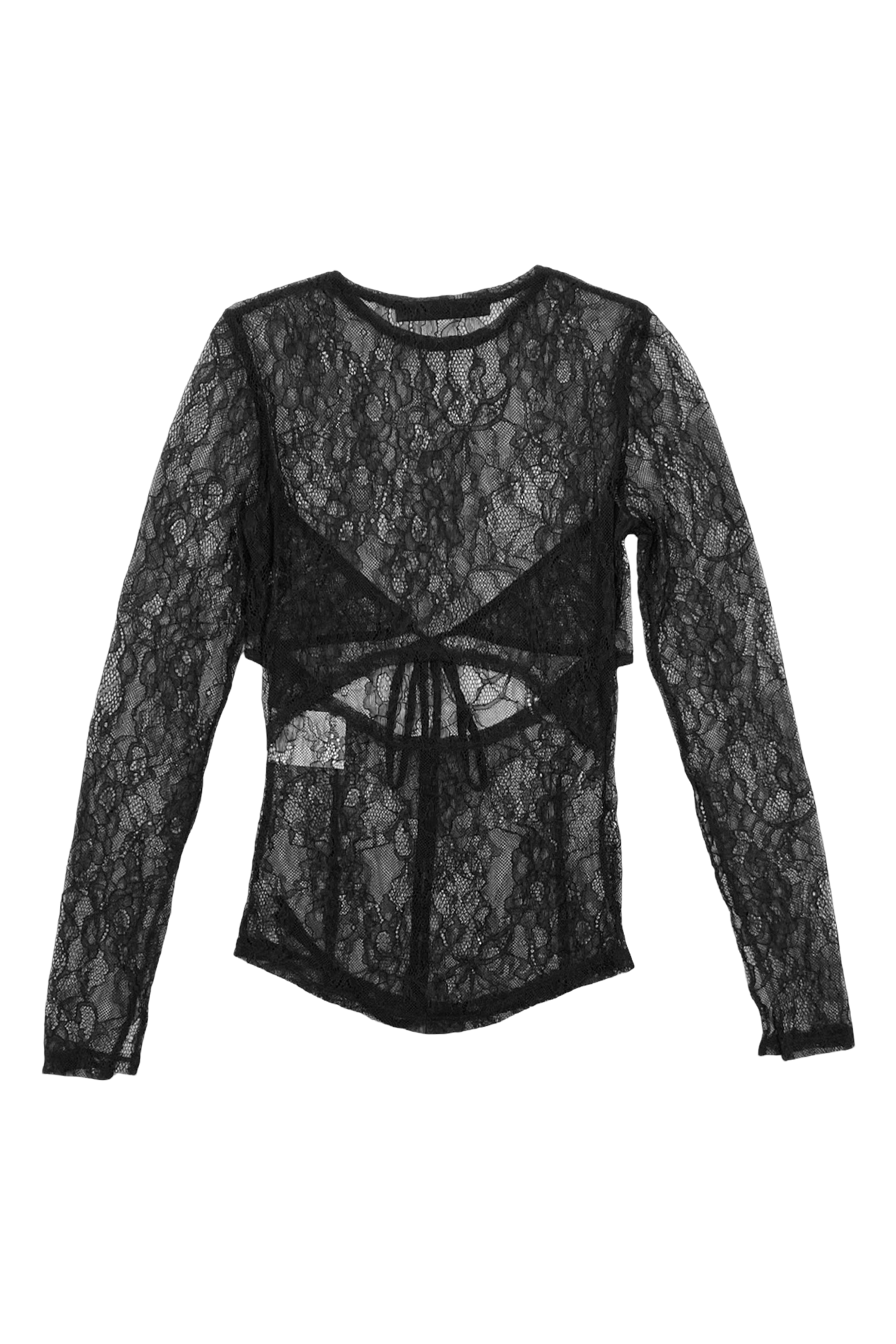 LACE MESH LONG SLEEVE TOP - BLACK