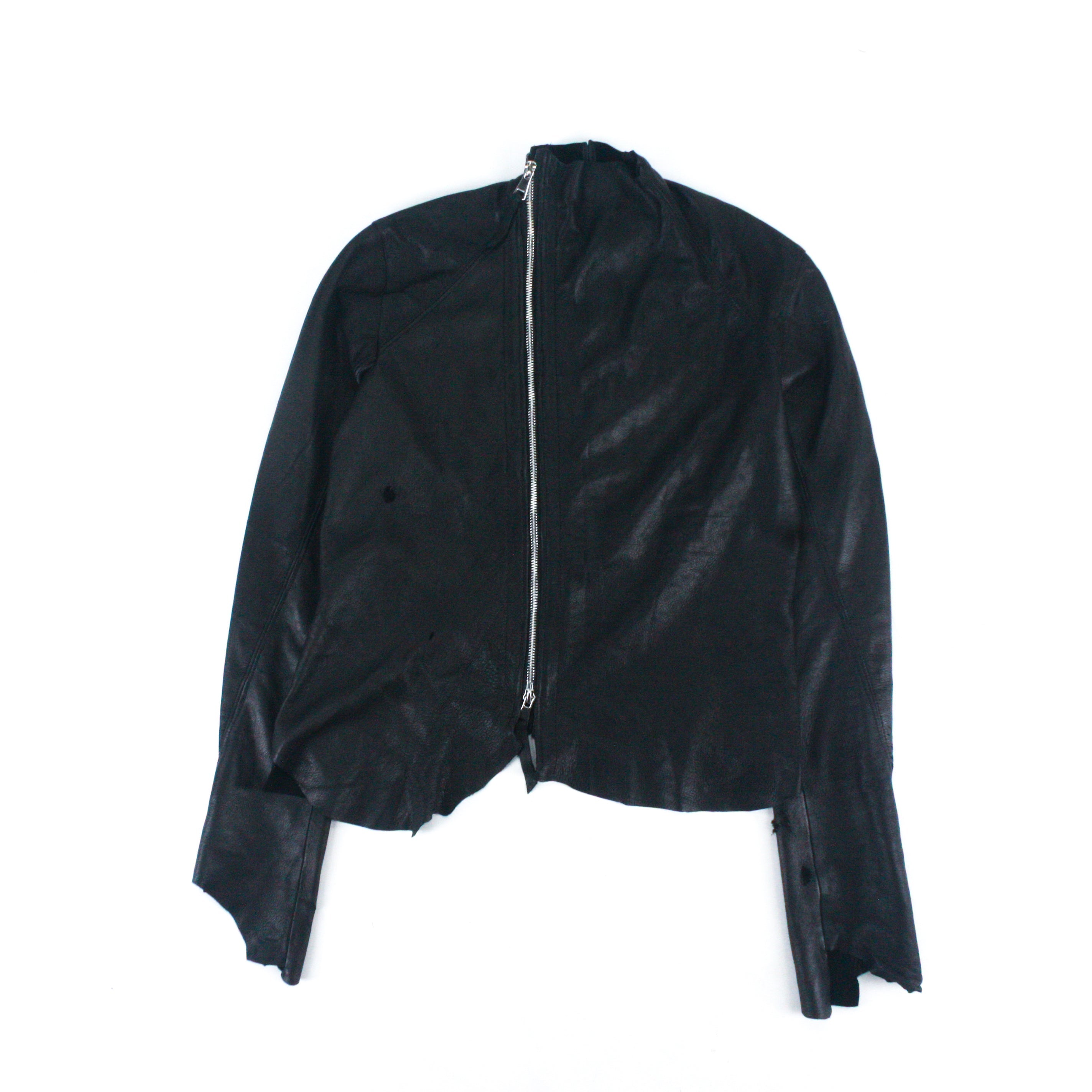 BLACK SIDE ZIP RAW LEATHER JACKET