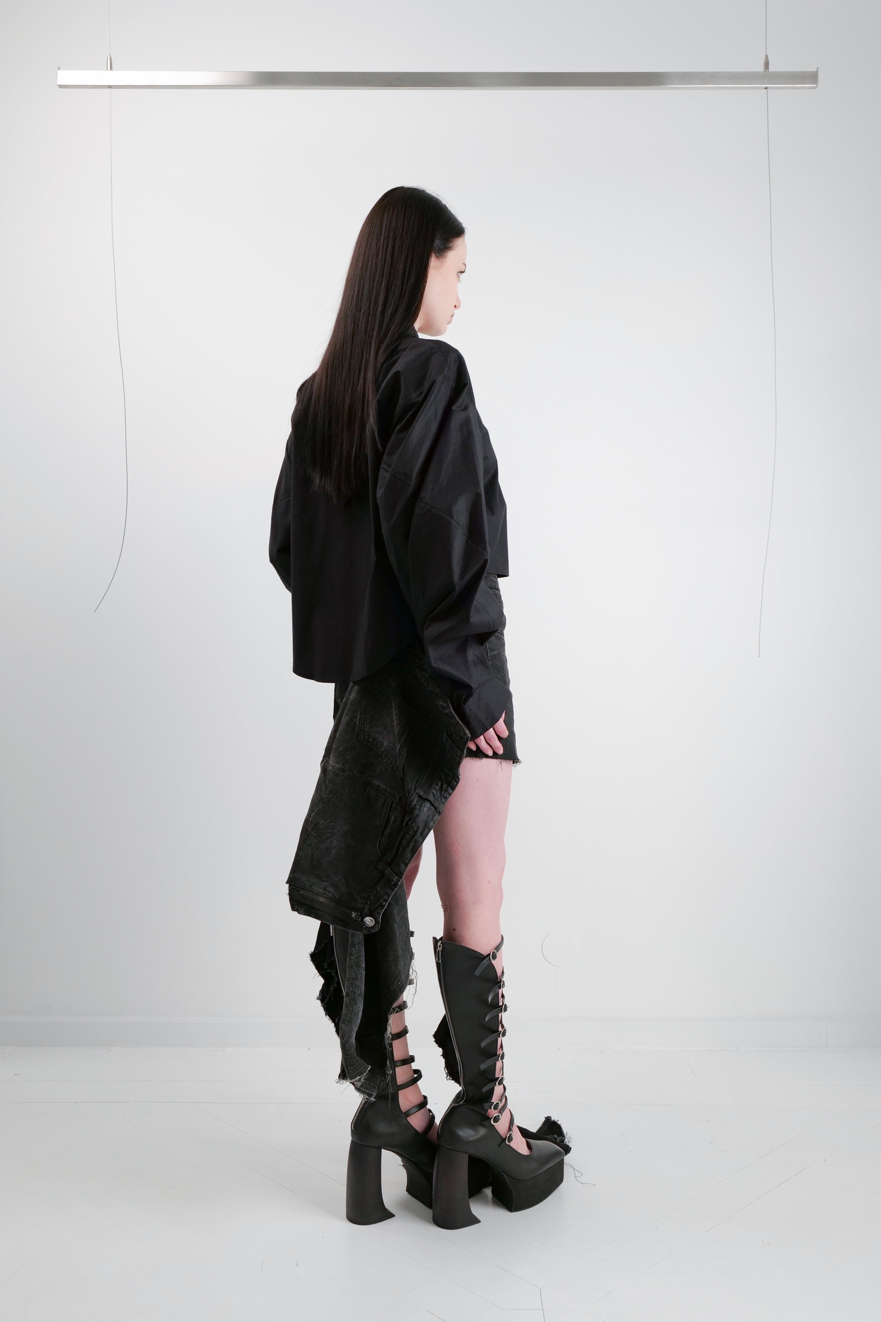 REWORKED DENIM RUFFLE MINI SKIRT