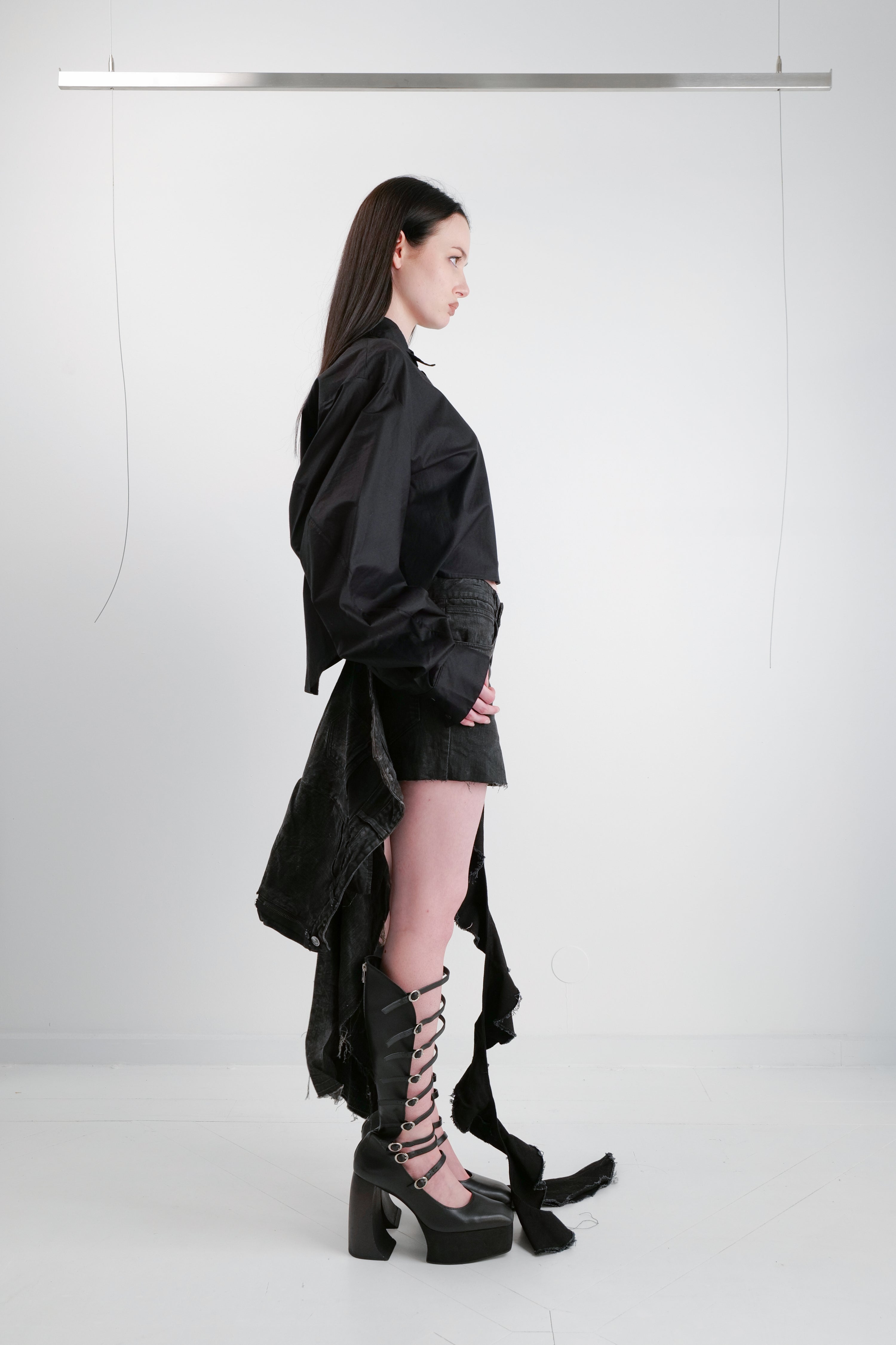 REWORKED DENIM RUFFLE MINI SKIRT
